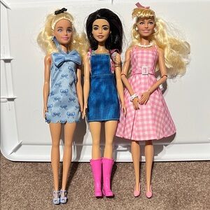 Set of Three Fashion Dolls in Blue, Pink, and Denim